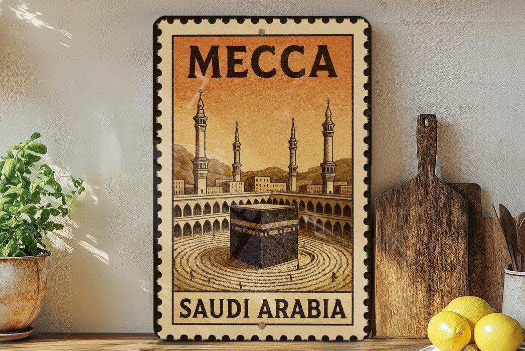 A framed poster of Mecca, the holy site in Saudi Arabia, is displayed on a shelf next to kitchen utensils and a potted plant.
