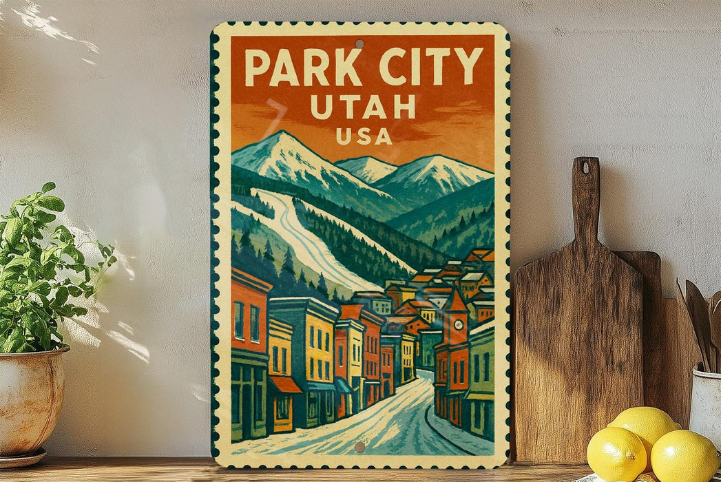 A vintage-style metal sign with a colorful illustration of a town in Park City, Utah, USA, featuring mountains in the background.