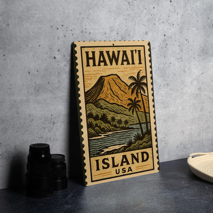 A vintage-style metal sign with the text "HAWAII ISLAND USA" and an illustration of a tropical landscape with palm trees and a mountain.
