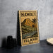 A vintage-style metal sign with the text "HAWAII ISLAND USA" and an illustration of a tropical landscape with palm trees and a mountain.
