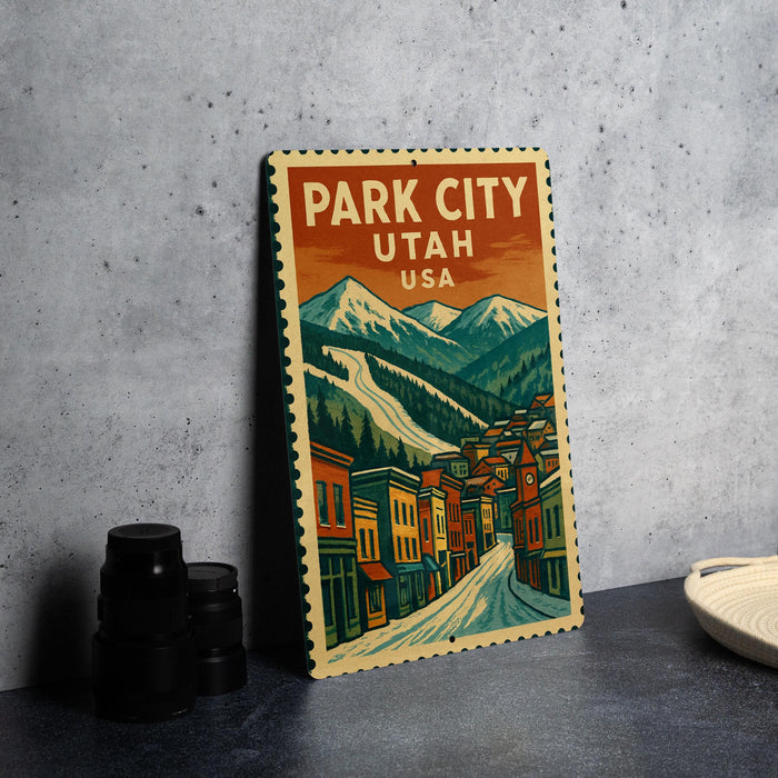 A vintage-style postage stamp depicting a town in Utah, USA, with mountains in the background.