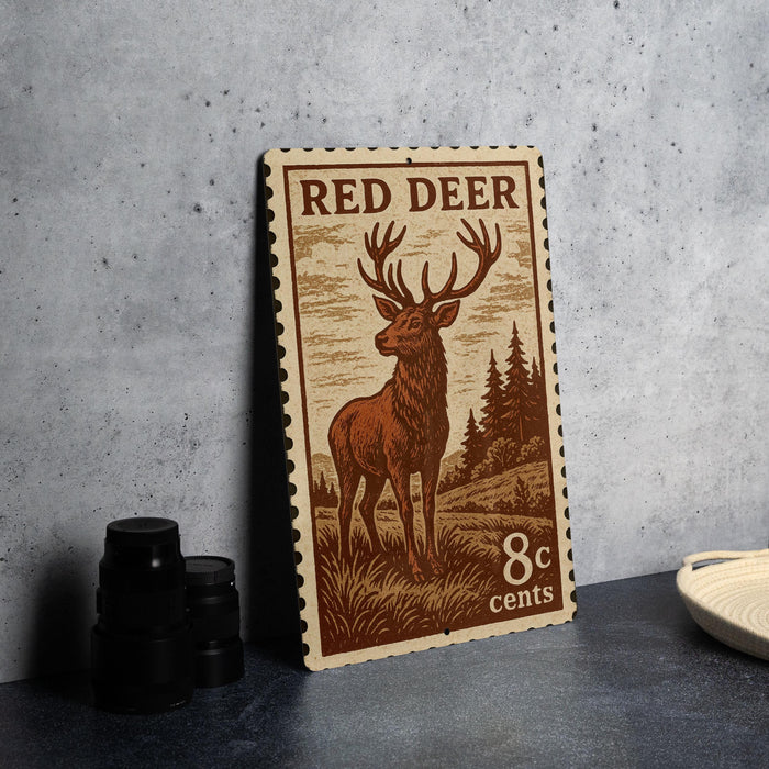A wooden postcard featuring a red deer standing in a grassy field, with the text "RED DEER" and "8cents" printed on it.