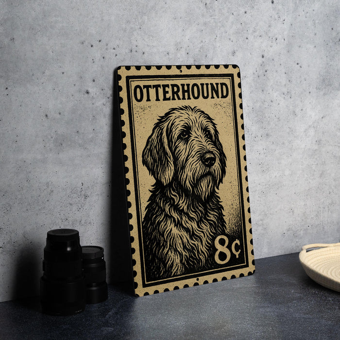 A metal sign featuring a dog illustration, with the text "OTTERHOUND" and a price of 8 cents.