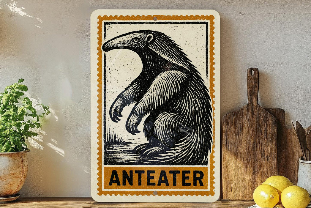 a wooden cutting board with a decorative metal sign featuring an illustration of an ant eater.