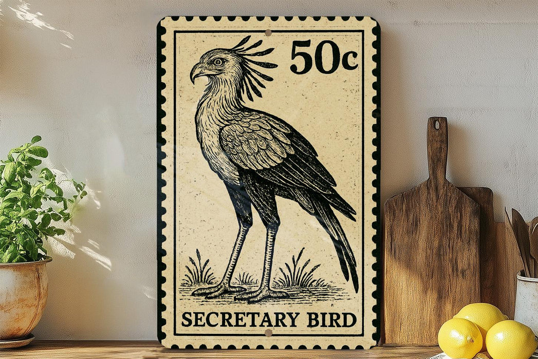 a decorative metal sign with a bird illustration, placed on a wooden surface next to a potted plant and a wooden cutting board.