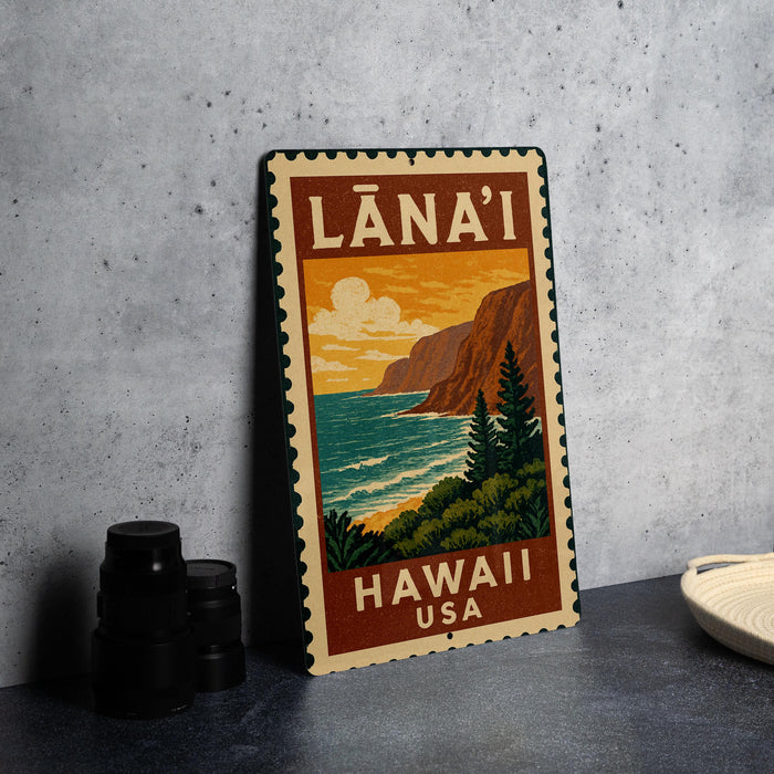 A vintage-style metal sign with a tropical landscape depicting a beach and mountains, featuring the text "LANA! HAWAII HUSA" on it.