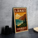 A vintage-style metal sign with a tropical landscape depicting a beach and mountains, featuring the text "LANA! HAWAII HUSA" on it.