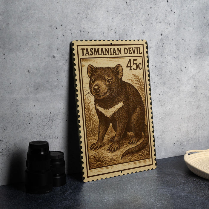 A wooden postcard featuring a Tasmanian Devil, a type of small marsupial, is displayed on a table.