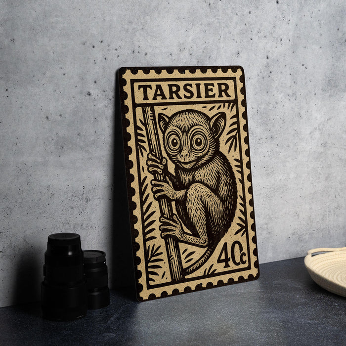 A wooden postcard featuring a monkey illustration, placed on a table next to some black camera lenses.