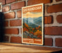 A vintage-style postage stamp depicting a scenic landscape of mountains, forests, and fall foliage, with the text "Shenandoah National Park USA" printed on it.