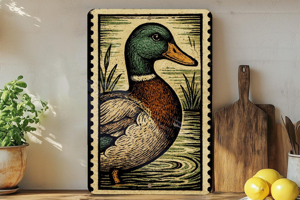 a framed illustration of a duck, which is displayed on a shelf next to a wooden cutting board and some lemons.