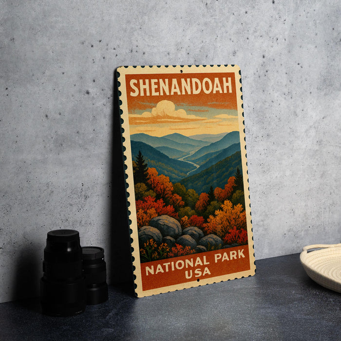 A vintage-style postage stamp depicting the scenic landscape of Shenandoah National Park, USA.