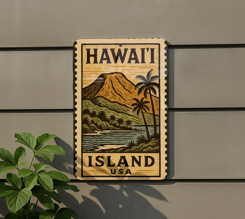 A wooden sign with a tropical island landscape and palm trees, mounted on a wall.