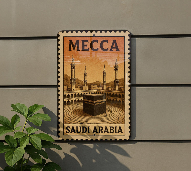 A metal sign with the text "MECCA SAUDI ARABIA" and an illustration of the Kaaba, the most sacred site in Islam, in Saudi Arabia.