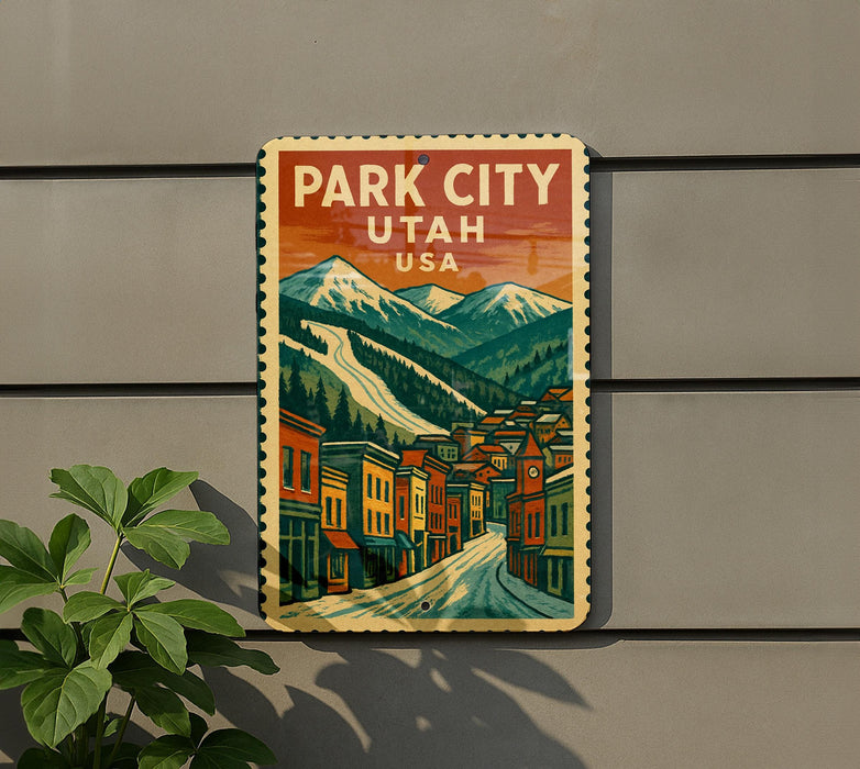 A vintage-style metal sign with the text "PARK CITY UTAH USA" and an illustration of a mountain town with colorful buildings and a winding road.