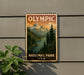 A vintage-style sign for Olympic National Park in the United States, featuring a mountain landscape with pine trees and a river.
