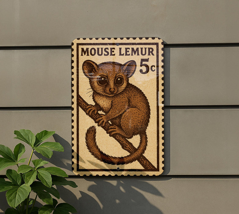 A sign featuring a cartoon image of a brown rodent, likely a mouse lemur, on a branch.