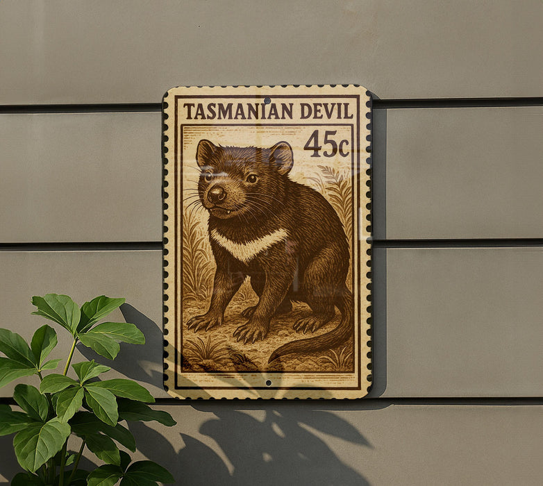 A wooden Australian postage stamp featuring a Tasmanian Devil, a type of small marsupial, is displayed on a wall.