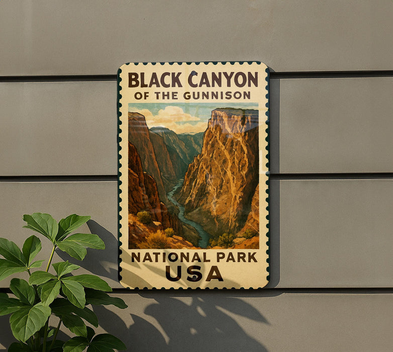a vintage-style metal sign that reads "Black Canyon of the Gunnison National Park USA" with a mountain landscape in the background.