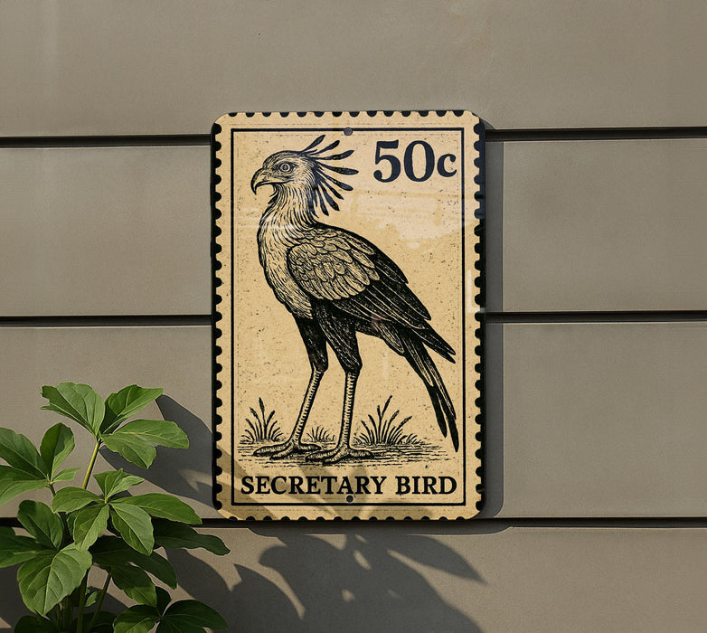 a postage stamp-like sign with a bird illustration, mounted on a wall next to a plant.