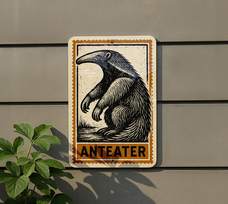 a sign with an illustration of an ant eater, mounted on a wall next to a plant.