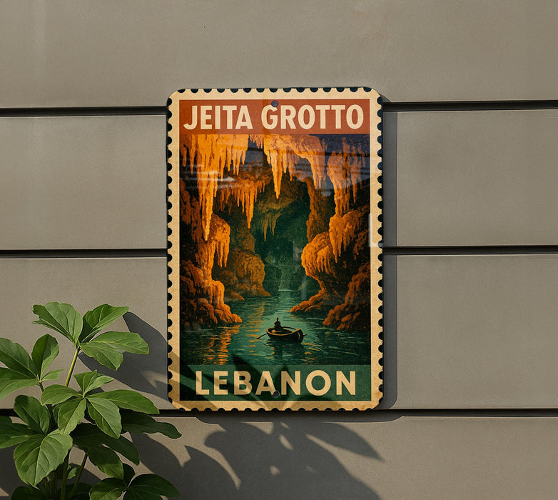 A vintage-style poster of Jeita Grotto, a famous cave system in Lebanon, is displayed on a wall next to a plant.