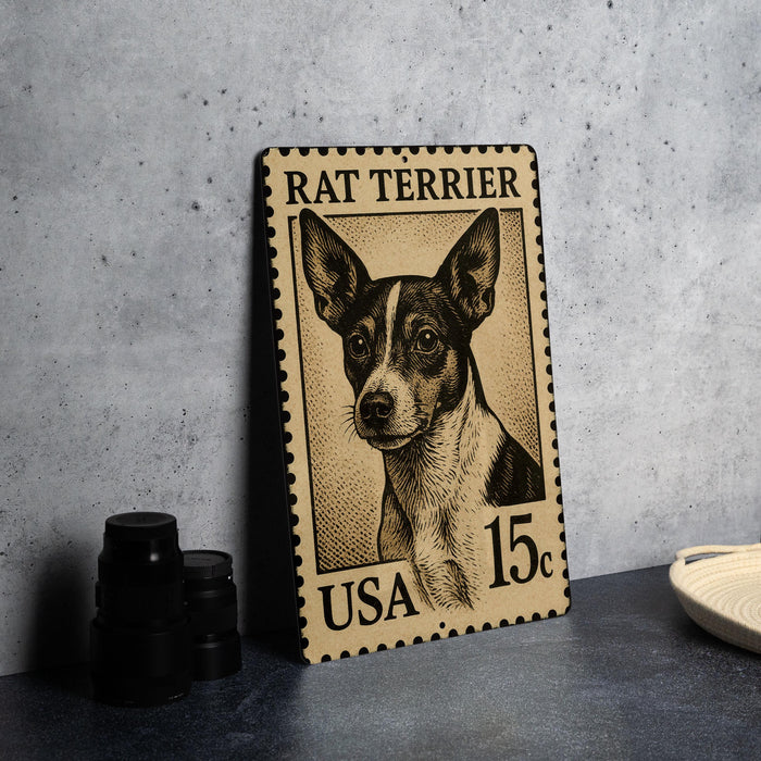 A wooden postcard featuring a portrait of a Rat Terrier dog, with the text "RAT TERRIER" and "15¢" printed on it.