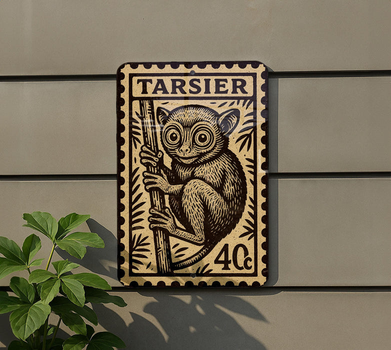 a large, detailed stamp-like artwork of a tarsier, a primate native to Madagascar, mounted on a wall.