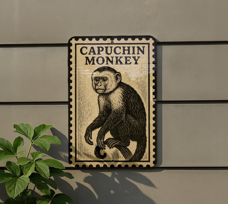a monkey sitting on a branch, with a stamp-like border around it.