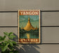 A vintage-style sign with the word "YANGON" and a depiction of the Shwedagon Pagoda, a famous Buddhist temple in Yangon, Myanmar.