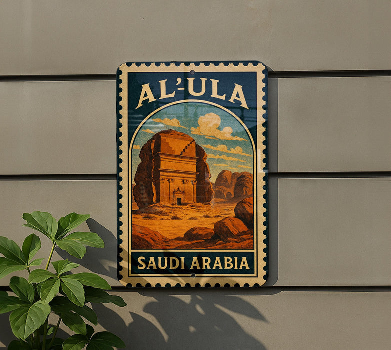 a vintage-style poster of the Al-Ula Mosque in Saudi Arabia, which is mounted on a wall.