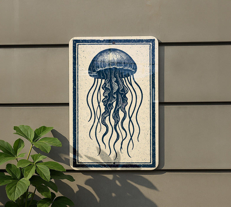 a blue and white sign depicting a jellyfish with long tentacles, mounted on a wall next to a plant.