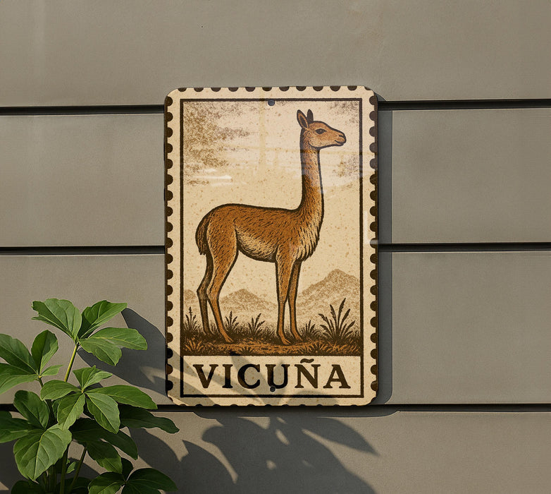 a decorative metal plaque with a depiction of a llama, mounted on a wall.