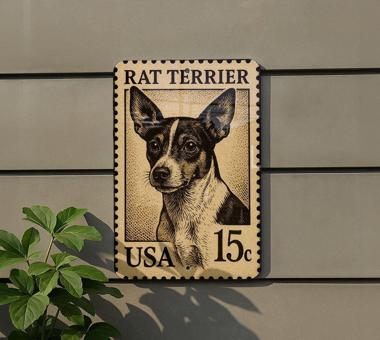 A postage stamp featuring a portrait of a Rat Terrier dog, with the text "RAT TERRIER" and "15c" printed on it.