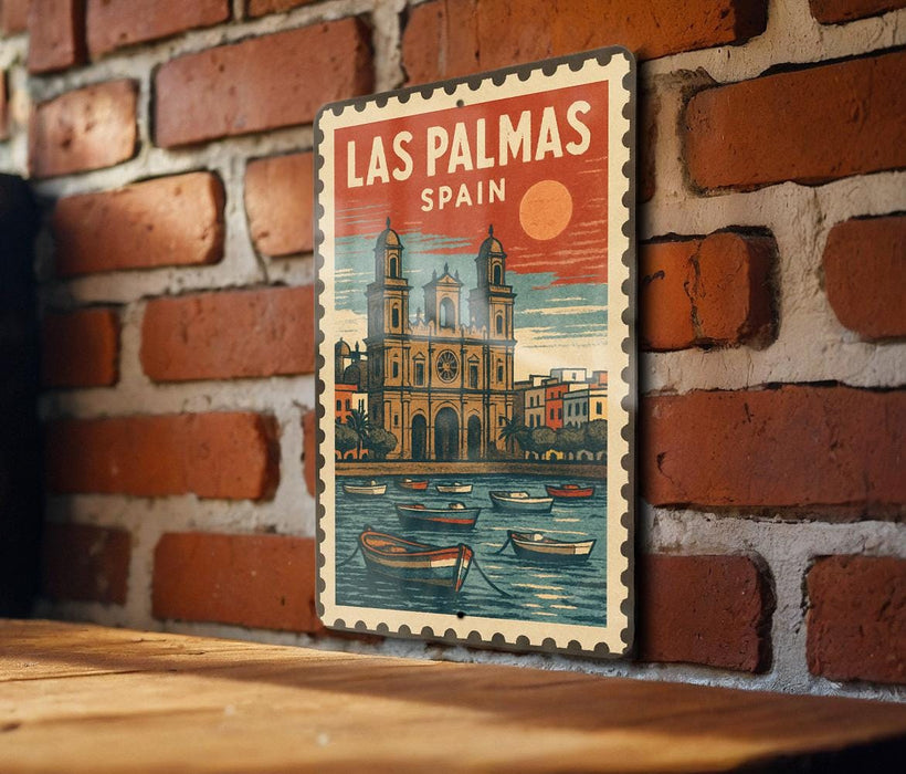 A vintage-style travel poster for Las Palmas, Spain, featuring a castle and boats on a river.