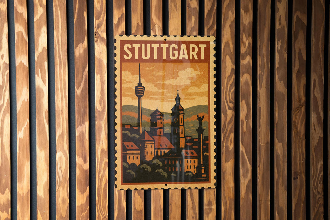 A vintage-style postage stamp depicting Stuttgart, Germany, with a cityscape and a tower in the background.