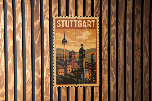 A vintage-style postage stamp depicting Stuttgart, Germany, with a cityscape and a tower in the background.