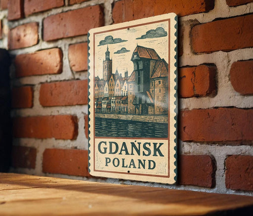 A vintage-style metal sign with a brick wall backdrop, featuring an illustration of a cityscape and the text "Gdansk Poland".