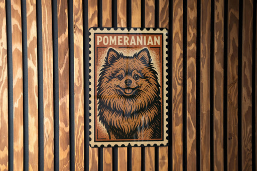 A metal sign featuring a pomeranian dog's portrait, mounted on a wooden wall.