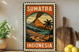 a vintage-style metal sign with a tropical landscape depicting a volcano, palm trees, and a winding road, along with the text "SUMATRA INDONESIA".