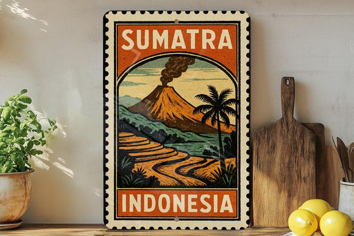 a vintage-style metal sign with a tropical landscape depicting a volcano, palm trees, and a winding road, along with the text "SUMATRA INDONESIA".