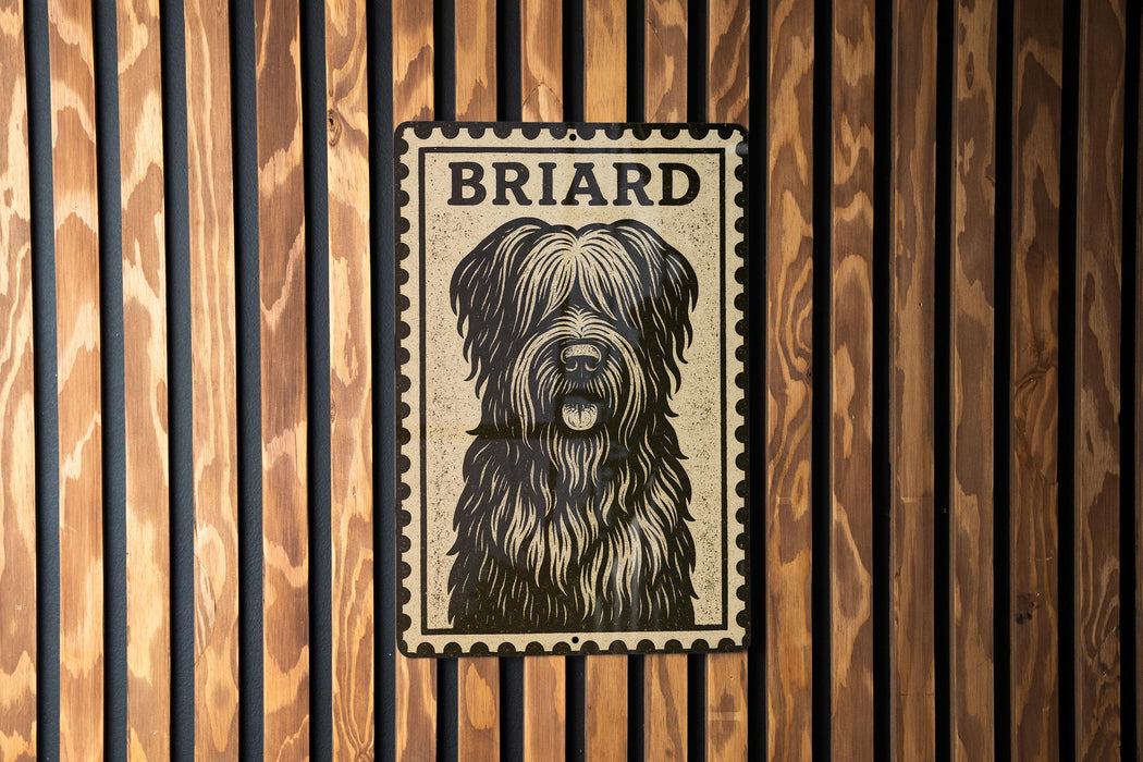 A metal sign with a black and white illustration of a dog's face, mounted on a wooden wall.
