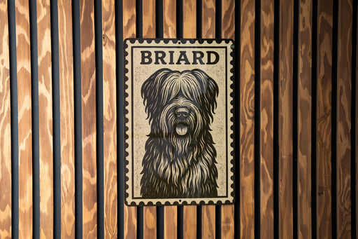A metal sign with a black and white illustration of a dog's face, mounted on a wooden wall.