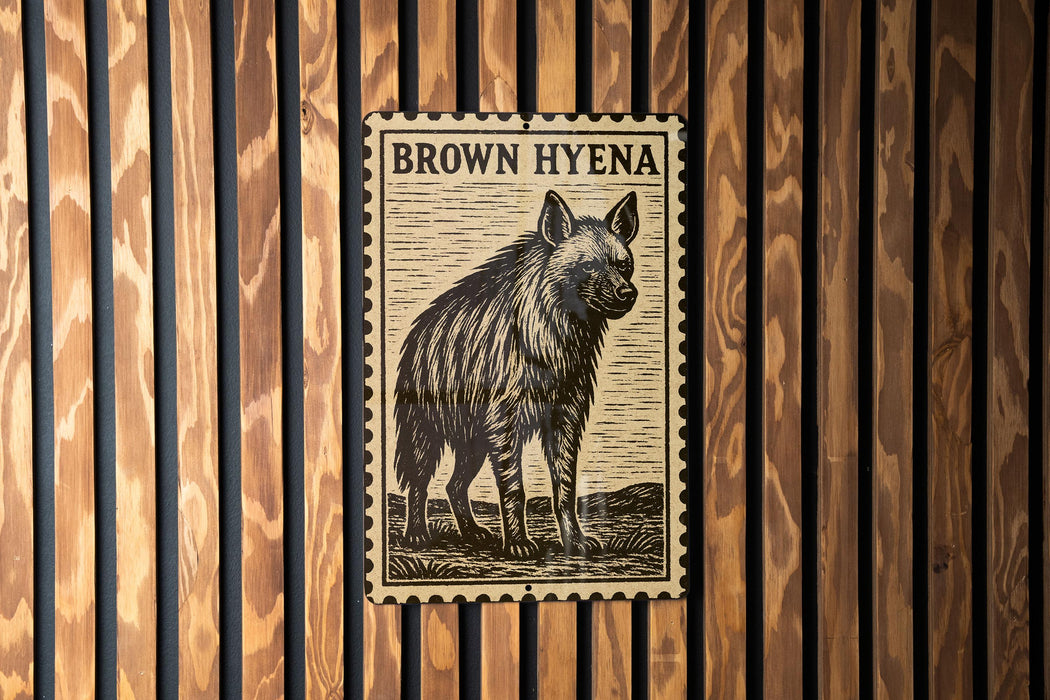 A brown hyena illustration on a wooden wall, with a black and white stamp-like design.