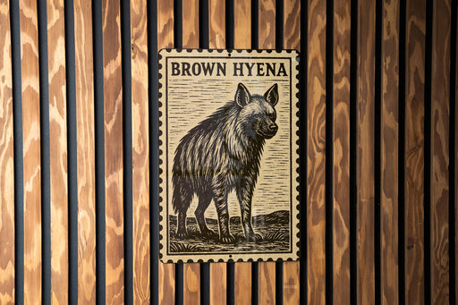 A brown hyena illustration on a wooden wall, with a black and white stamp-like design.