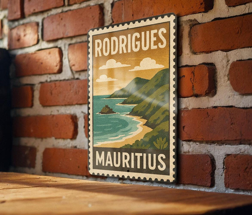 A vintage-style stamp or sign with the text "RODRIGUE" and "Mauritius" printed on it, hanging on a brick wall.