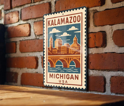 A metal sign with a vintage-style illustration of Kalamazoo, Michigan, USA, mounted on a brick wall.