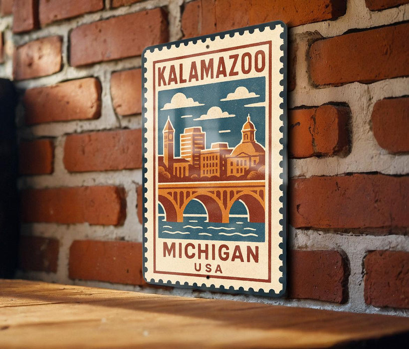 A metal sign with a vintage-style illustration of Kalamazoo, Michigan, USA, mounted on a brick wall.