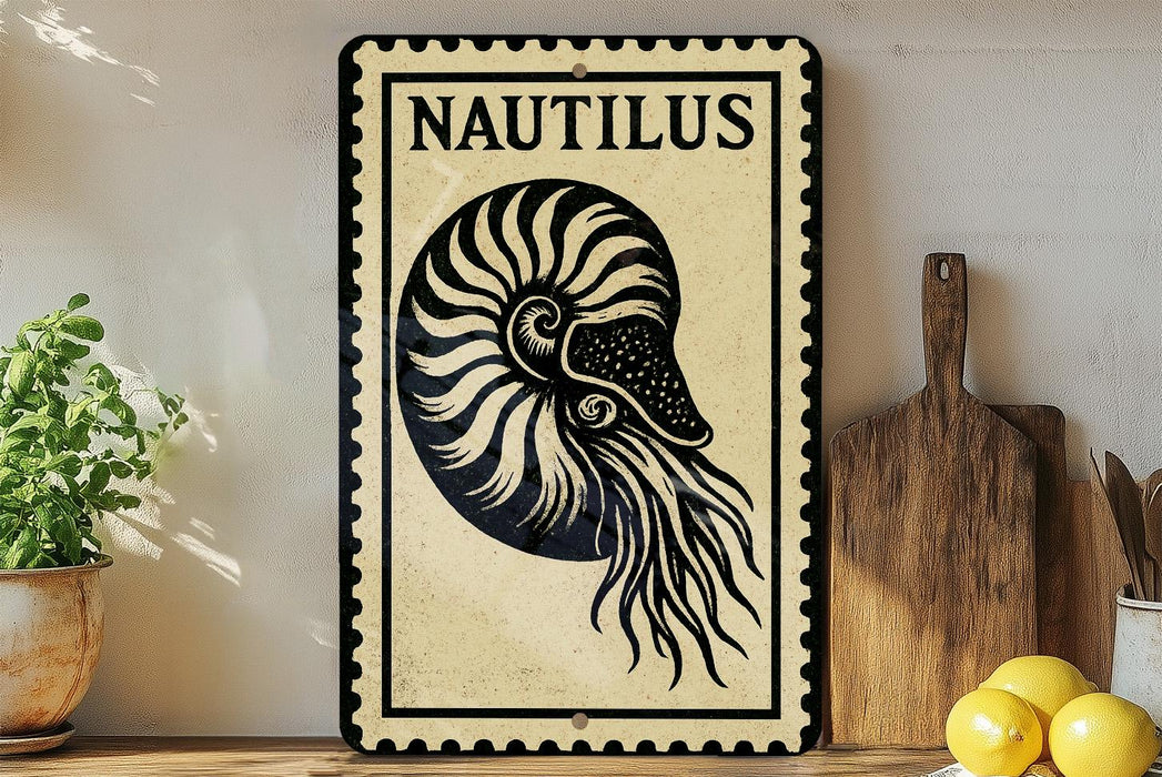 a decorative sign with a nautilus shell design, placed on a shelf next to a wooden cutting board and some lemons.