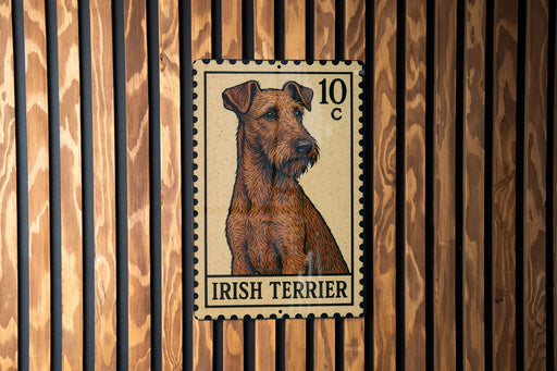 an Irish Terrier dog, which is depicted in a postage stamp-like frame.